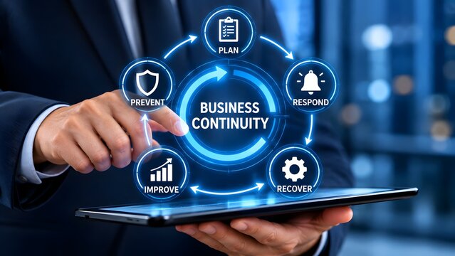 Businessman using a digital tablet displaying a business continuity lifecycle framework representing corporate risk planning and active crisis management