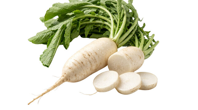 Fresh white daikon radish with green leaves, sliced organic mooli root on white background, raw oriental winter radish for cooking