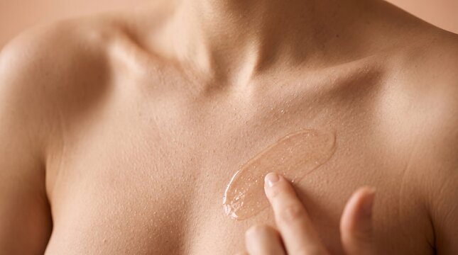 Close-up of woman applying clear moisturizing gel serum on chest and collarbone skin with mild bumps in warm lighting