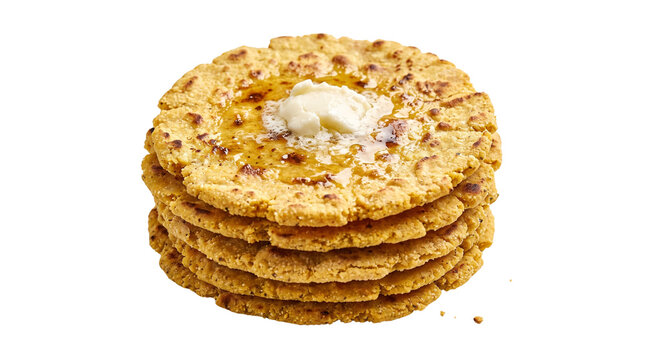 Golden brown oatmeal cookies stack with melting butter and honey drizzle, delicious whole grain biscuits topped with syrup, isolated on white background