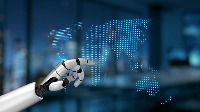 A futuristic robotic hand interacts with a digital map displaying architectural icons, symbolizing the integration of technology in urban and financial landscapes. Synapse