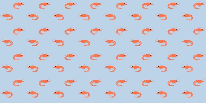 Seamless vector pattern of cute orange shrimp or prawns on a light blue background. Perfect flat design for seafood packaging, textile, wallpaper, menu, and wrapping paper.