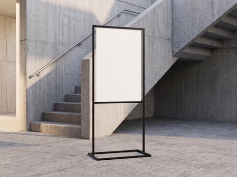 Blank vertical poster mockup in a modern concrete interior