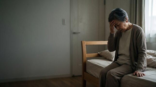 朝、寝室のベッドで起き上がろうとして身体のだるさや起き上がりの辛さに頭を抱えて座り込むシニア女性、身体の衰え