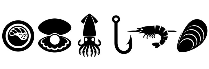 Black seafood symbols and marine fishing icons set with oyster and squid © Ruqia Batool