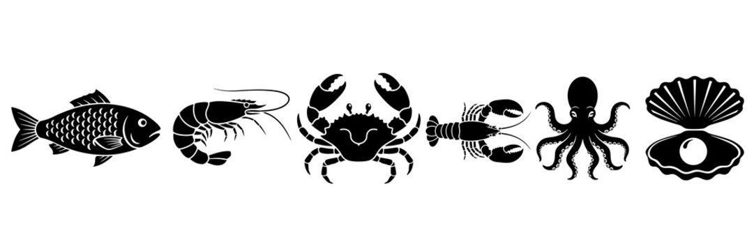 Black seafood icons silhouettes fish shrimp crab lobster octopus oyster
