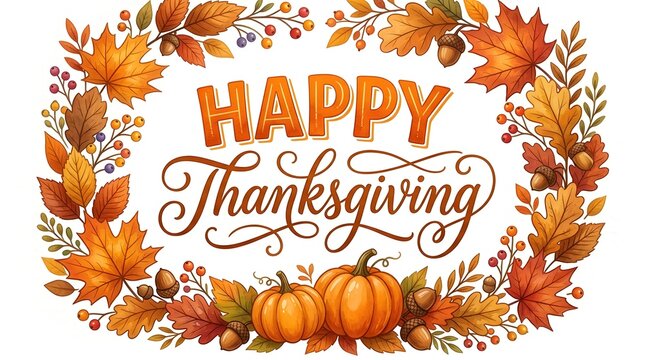 Watercolor happy thanksgiving greeting card design with a festive wreath of autumn leaves and orange pumpkins