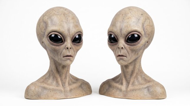 Realistic extraterrestrial alien bust figures rendered with intricate skin texture details on transparent background