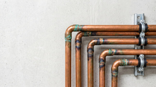 Copper cooling pipe plumbing. Industrial mechanical plumbing system, heating ventilation air conditioning refrigeration
