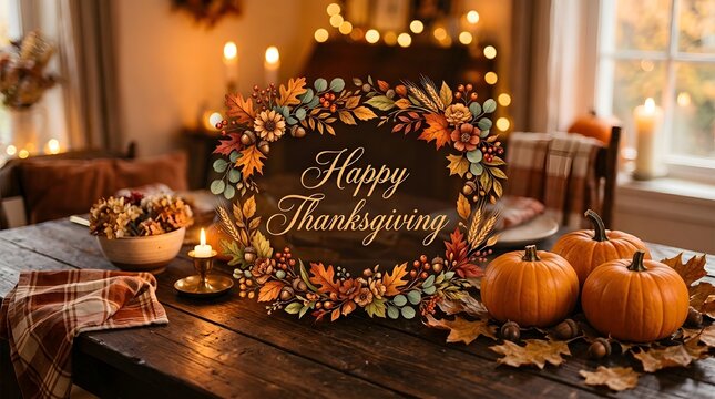 Festive thanksgiving table setting with a decorative wreath featuring a happy thanksgiving sign and pumpkins in a cozy room