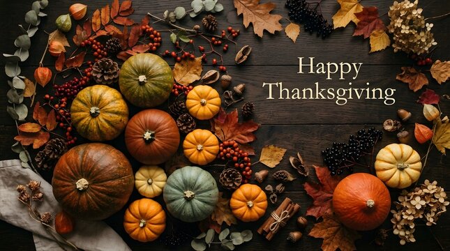 Happy thanksgiving greeting card with a rustic arrangement of colorful pumpkins and autumn leaves on dark background