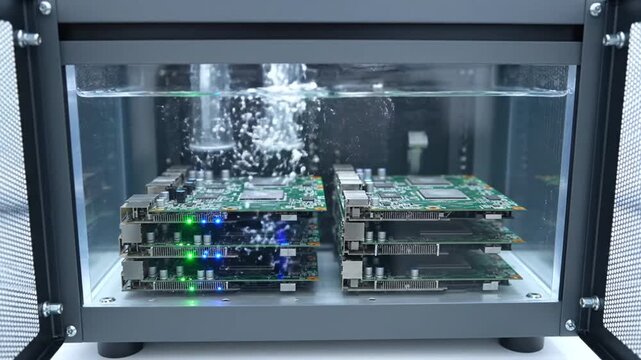 High performance computer hardware submerged in liquid immersion cooling tank