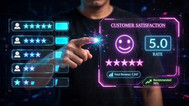 Person pointing at a customer rating panel hologram