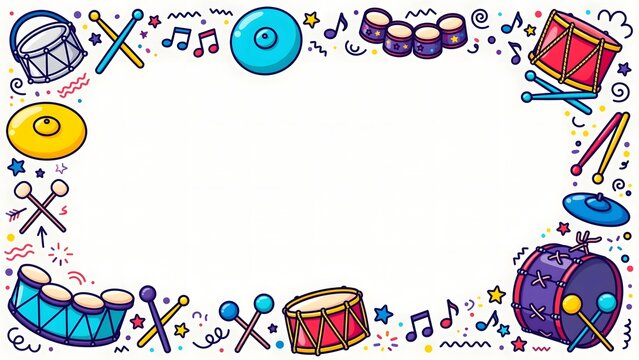 Colorful cartoon drum frame border with snare drums, cymbals, drumsticks, music notes and confetti on white background with copy space