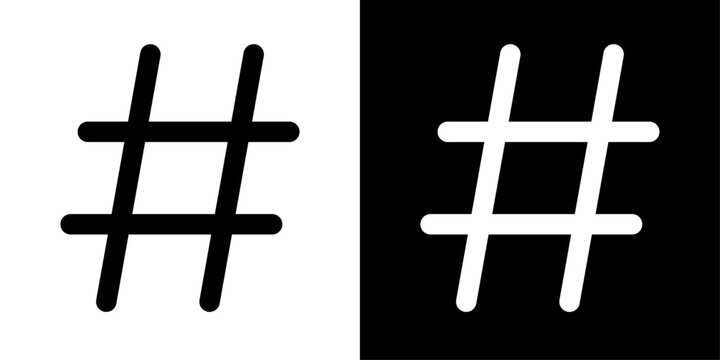Hashtag icon set, bold hash symbol in black and white on contrasting backgrounds, vector sign for social media, web and mobile app interface design