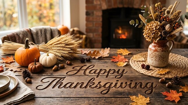 Happy thanksgiving rustic wooden table setting with pumpkins dried flowers and a cozy fireplace in the background