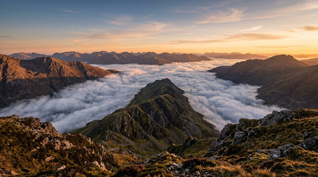 Breathtaking mountain range scenery at sunrise with a dramatic cloud inversion filling the valley below
