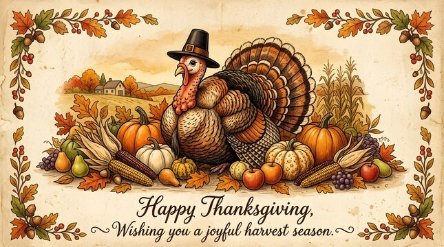 Vintage thanksgiving postcard illustration featuring a turkey wearing a pilgrim hat surrounded by autumn harvest vegetables