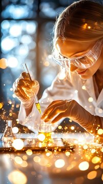 Female Scientist Conducts Glowing Lab Experiment for Scientific Discovery and Innovation