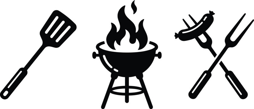 Barbecue grill set with spatula and sausage on fork for outdoor cooking collection outdoors silhouette pictogram isolated business