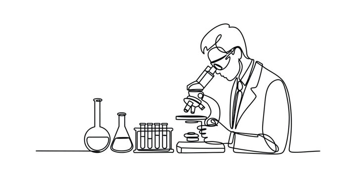Continuous line drawing of a scientist looking through a microscope in a laboratory with glass test tubes and flasks