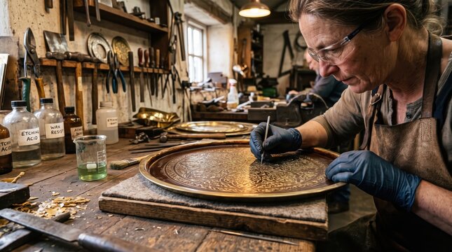 Artisan Engraving Detailed Metal Tray in Workshop