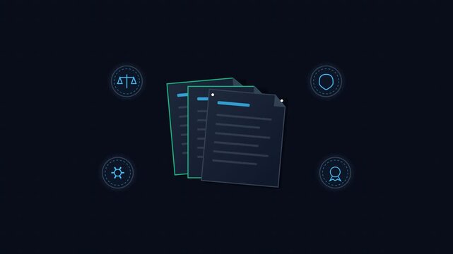 Abstract animated document certification with legal, security, and award icons, symbolizing compliance, quality assurance, and successful validation, on a digital grid background, motion graphics