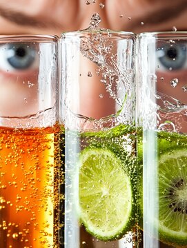 Refreshing Sparkling Fruit Drinks Splashing with Curious Observer's Eye