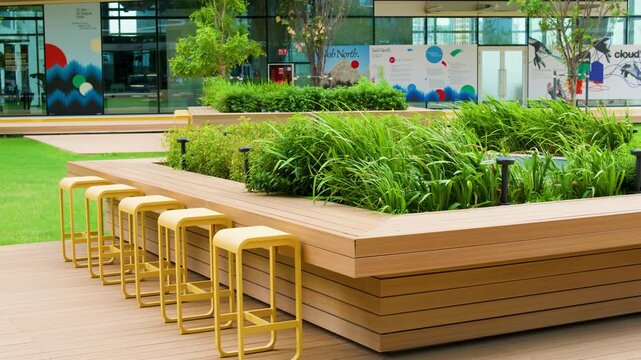 Modern Outdoor Wooden Seating Area in Urban Rooftop Garden