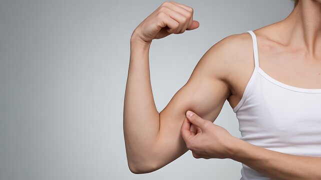 Woman flexing arm and pinching loose skin on upper arm showing flabby triceps on gray background