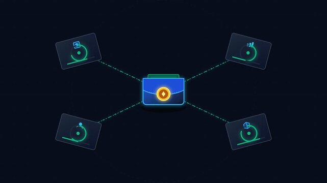 Animated digital wallet concept connecting to various financial data icons, with a central glowing coin and pulsing data streams, symbolizing financial management, cryptocurrency
