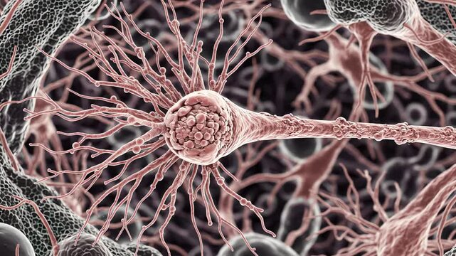 Beginning with a realistic neuron containing an intact cell body, branching dendrites and a stable axon, then gradually developing subtle neuronal structural stress, reduced dendritic complexity 