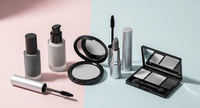 Collection of makeup and beauty products arranged on a flat surface