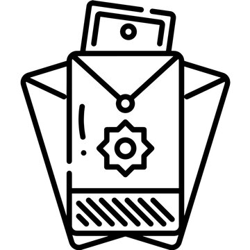 Eid money envelopes line icon with fanned stack of three, Islamic geometric star pattern and banknote peeking out, Eid al-Fitr eidi and THR outline vector for greeting designs