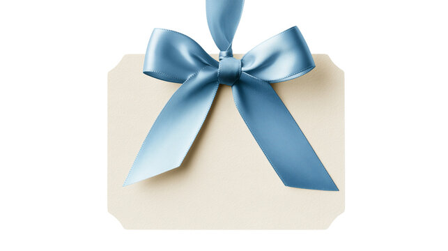 Blank gift tag with blue ribbon isolated on transparent background