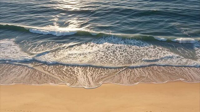 Ocean waves crashing on sandy beach shore with sunlight reflecting on water surface
