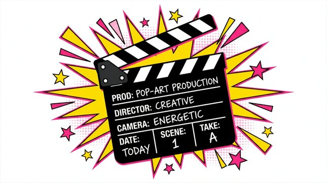 Movie clapperboard vector illustration in pop art comic style with colorful explosive burst background