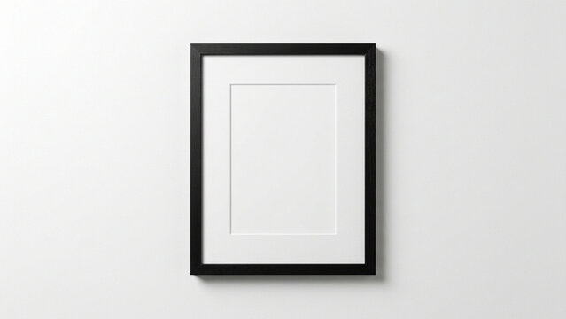 A vertical black picture frame hangs gracefully upon a pale interior wall displaying a blank canvas area ready for your custom artwork and creative photography presentations today