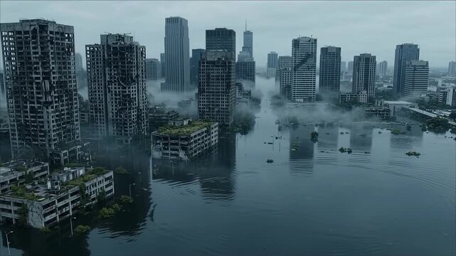 Post apocalyptic flooded city skyline with destroyed skyscrapers in water disaster