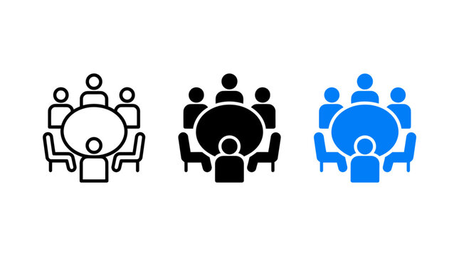 Set of Round Table Meeting Icons Depicting People Sitting for a Discussion