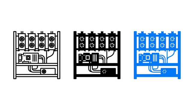 Mining rig icon design set with cryptocurrency hardware and computer vector