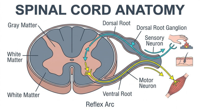 Spinal cord cross section anatomy and reflex arc vector diagram. Medical neurology infographic with gray matter, white matter, and sensory motor neuron.
