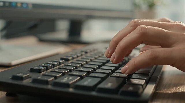 Person typing on computer keyboard in modern office setting during remote work project