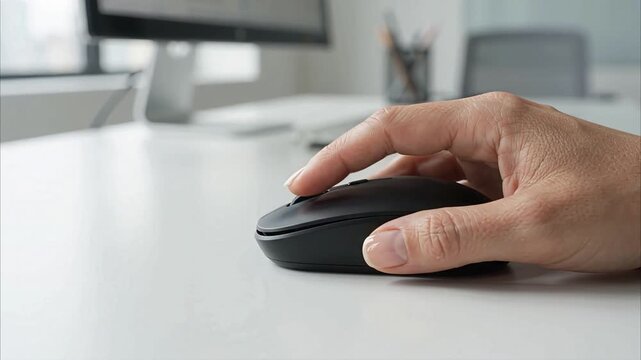 Hand using computer mouse on office desk working with digital device in workspace