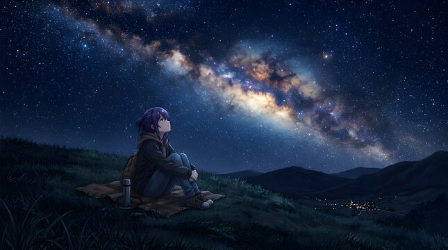 Young woman sitting on a grassy hill looking at the milky way galaxy