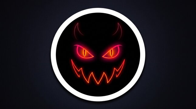Glowing red devil face icon with sharp teeth and horns for halloween