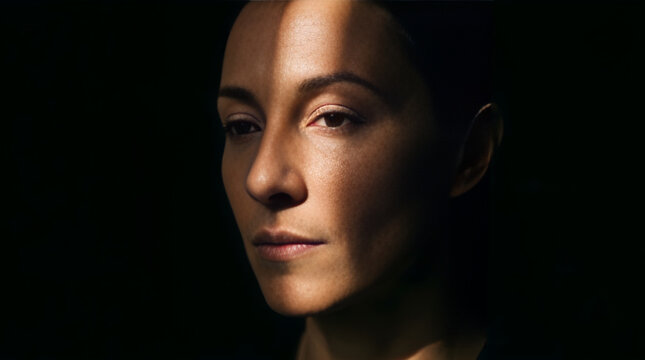 Close up portrait of a woman with dramatic lighting on her face