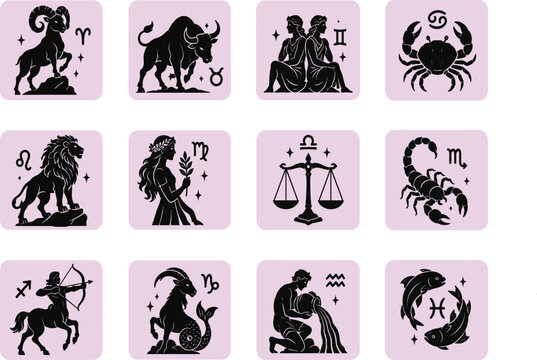 12 Zodiac signs astrology horoscope silhouette icon vector bundle set