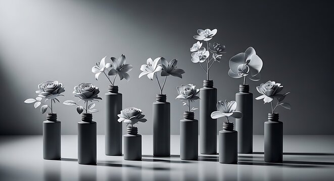 Elegant black vases with artificial flowers arranged in a row