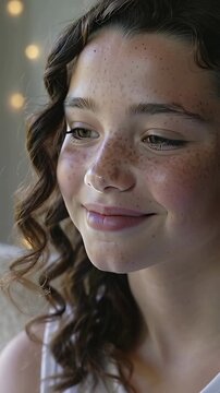 Vertical video: Smiling teen responding to camera pullback at window, showing freckles and strap